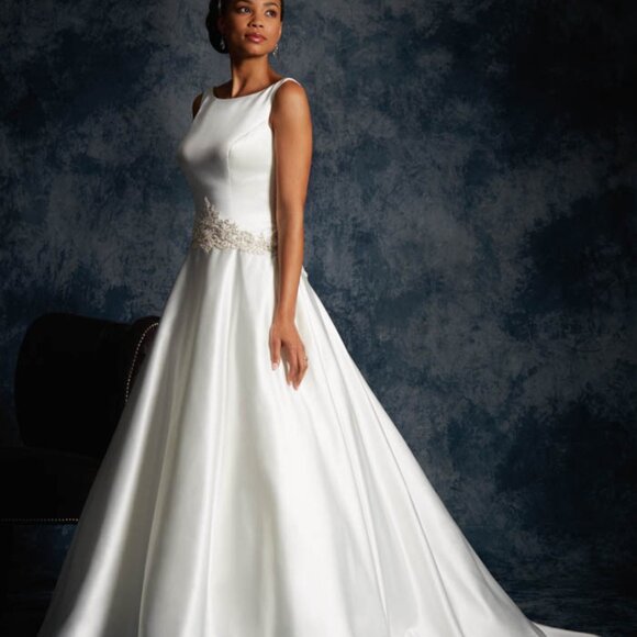 SAMPLE Satin Backless Boat High Neck Modest Wedding Dress, Ivory Aline Ballgown - Picture 1 of 15